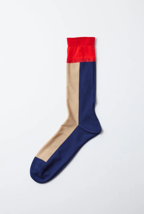 RoToTo Beige, Dark Blue and Red Vertical Crew Socks 3 RoToTo Beige, Dark Blue and Red Vertical Crew Socks