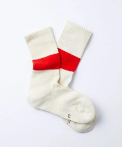 RoToTo Classic Crew Socks Silk Cotton Ivory Scarlet
