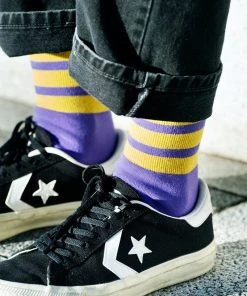 RoToTo Purple and Yellow Fine Pile Striped Crew Socks